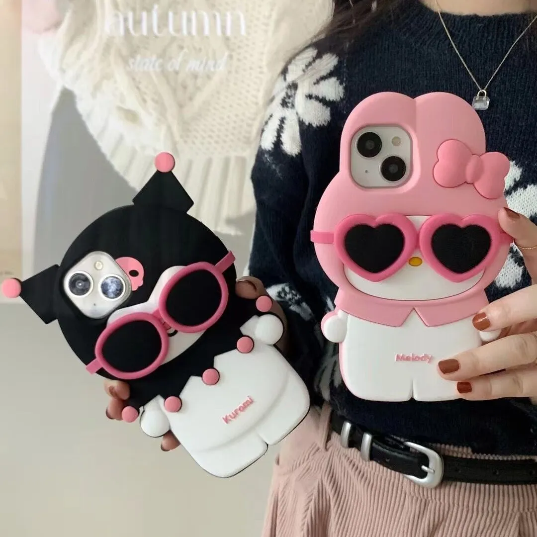 Cute Sunglasses Kuromi & My Melody Case for iPhone 15 – Compatible with iPhone 12/13/14 Pro Max/11, Soft TPU Shockproof Bumper Cover